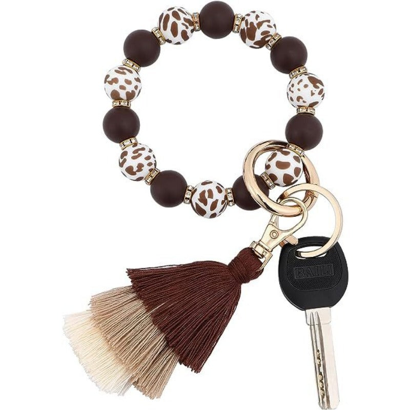 Wholesale Leopard Pattern Silicone Beads Three Layer Thread Tassel Wrist Keychain